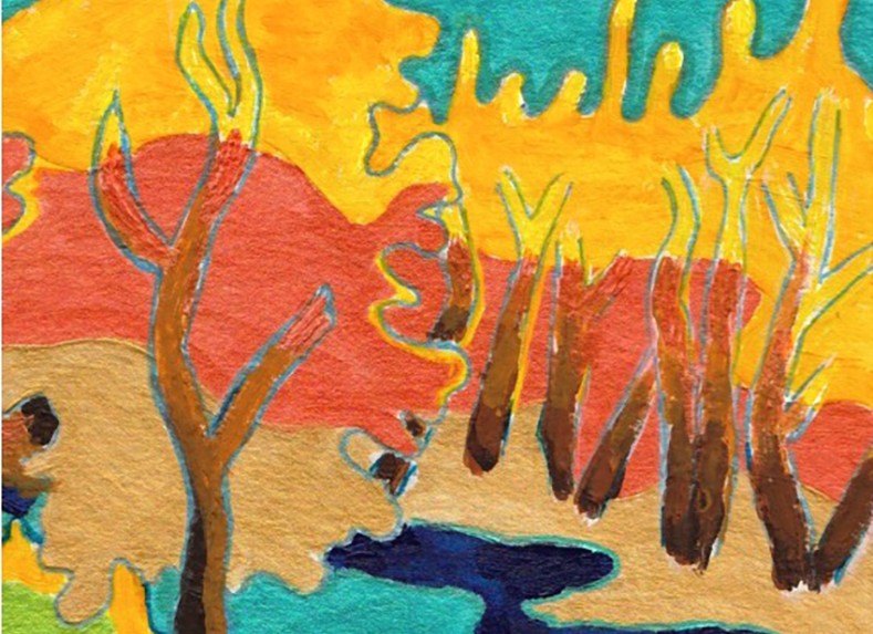 En prière au Lac Long, (Mascouche), acrylique sur papier, 6 x 4,5 po