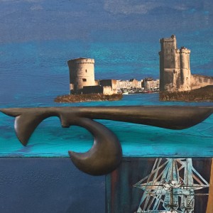 Vers le nouveau monde, de La Rochelle à Ville-Marie, bronze et collage sur acrylique, 34 x 24 po